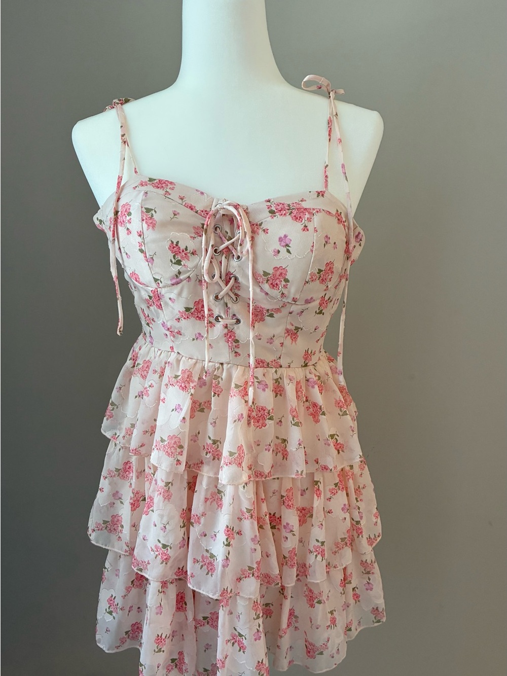 Altar'd State Blush Floral Lace-Up Tiered Ruffle Camisole Dress